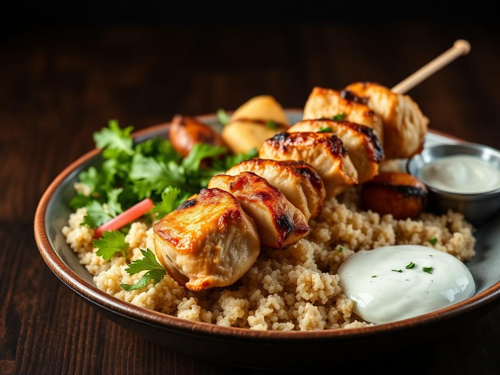 Brochette de poulet grillée avec riz, salade et patates sur une assiette