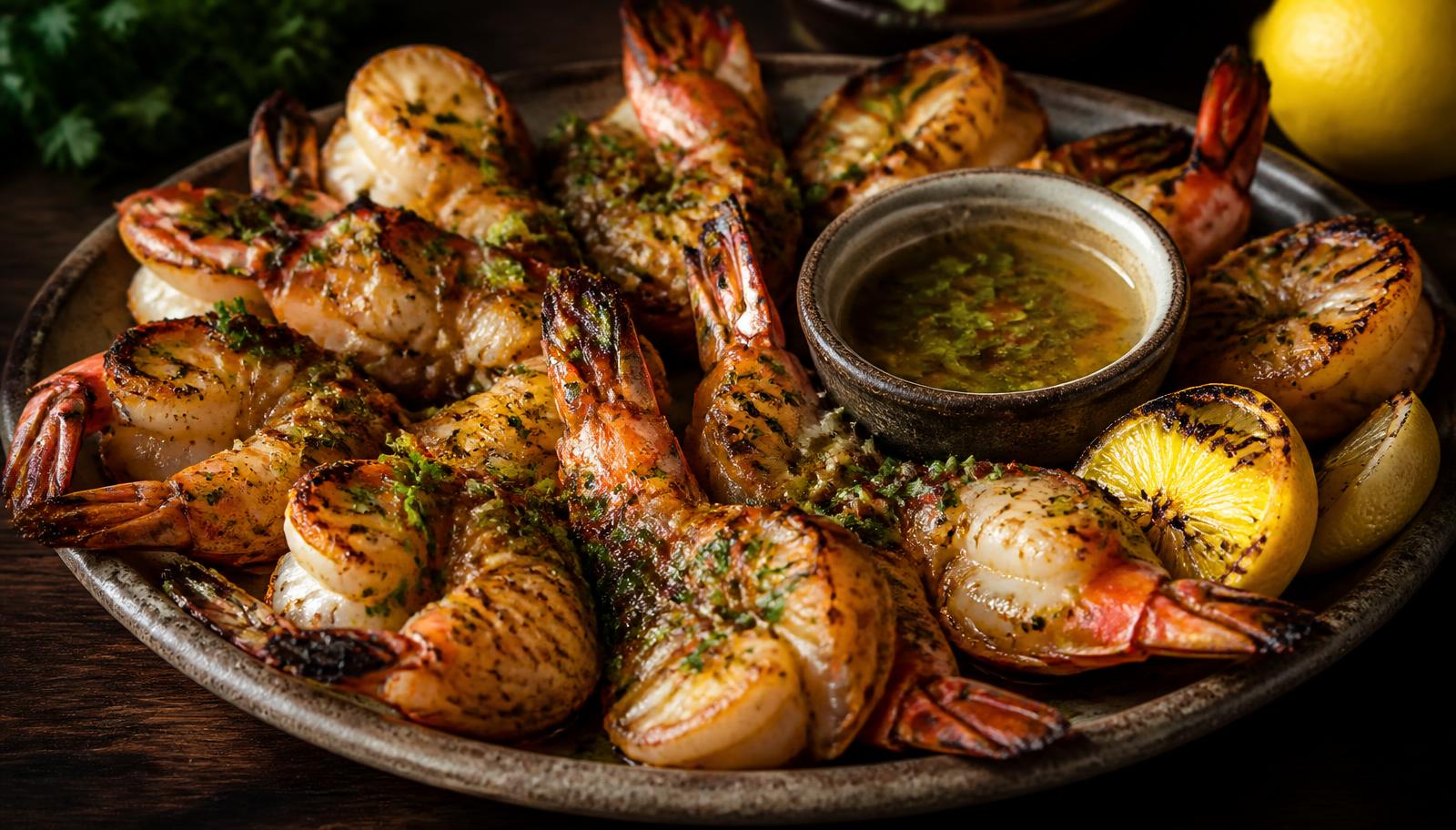 Assiette de fruits de mer avec crevettes papillon grillées et citron