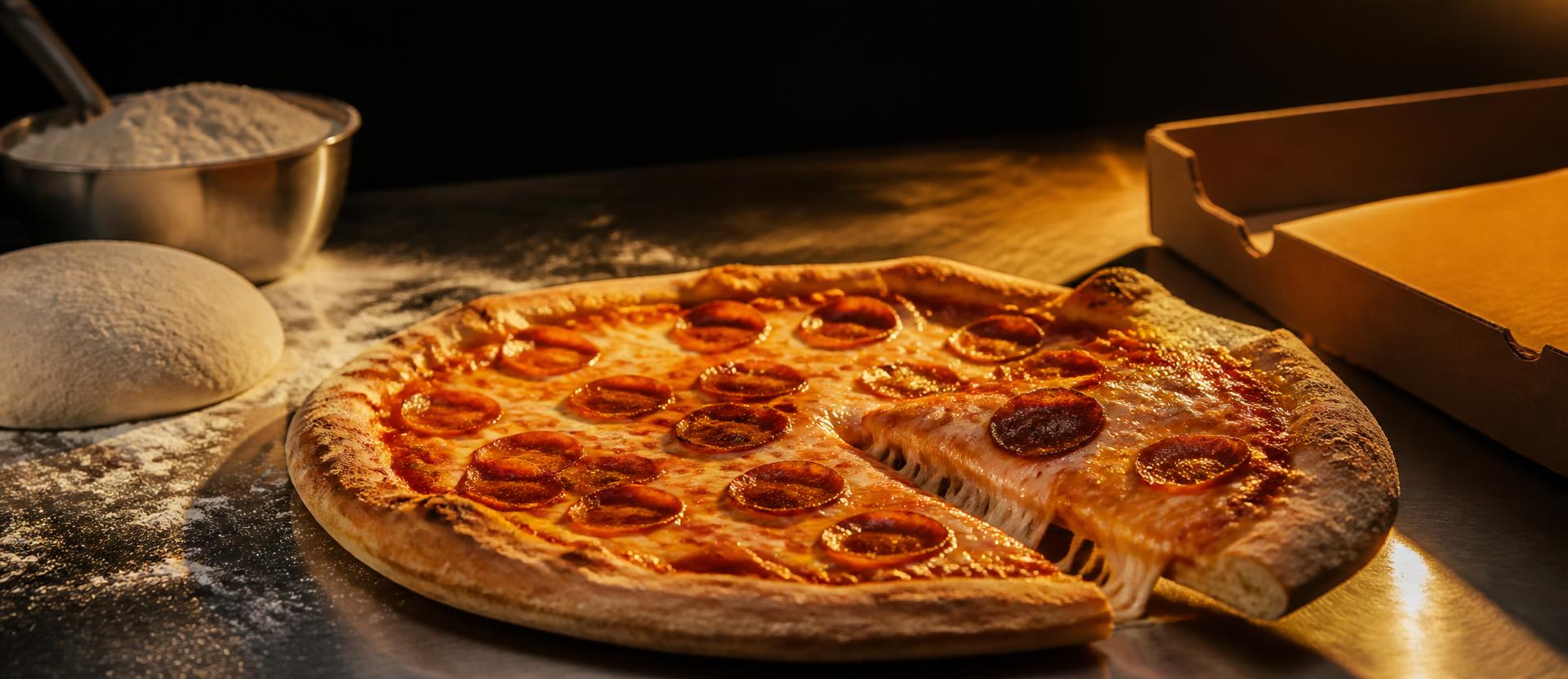 Pizza pepperoni fraîchement sortie du four sur le comptoir de Bellissimo Pizza
