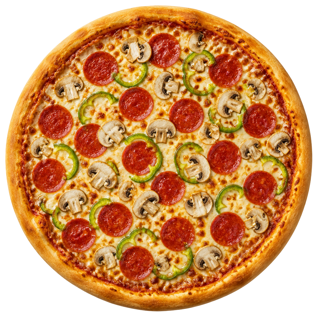 Pizza toute garnie cuite, vue du dessus