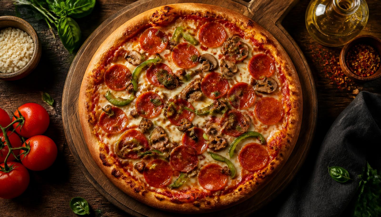 Pizza toute garnie au pepperoni et champignons sur une planche de bois