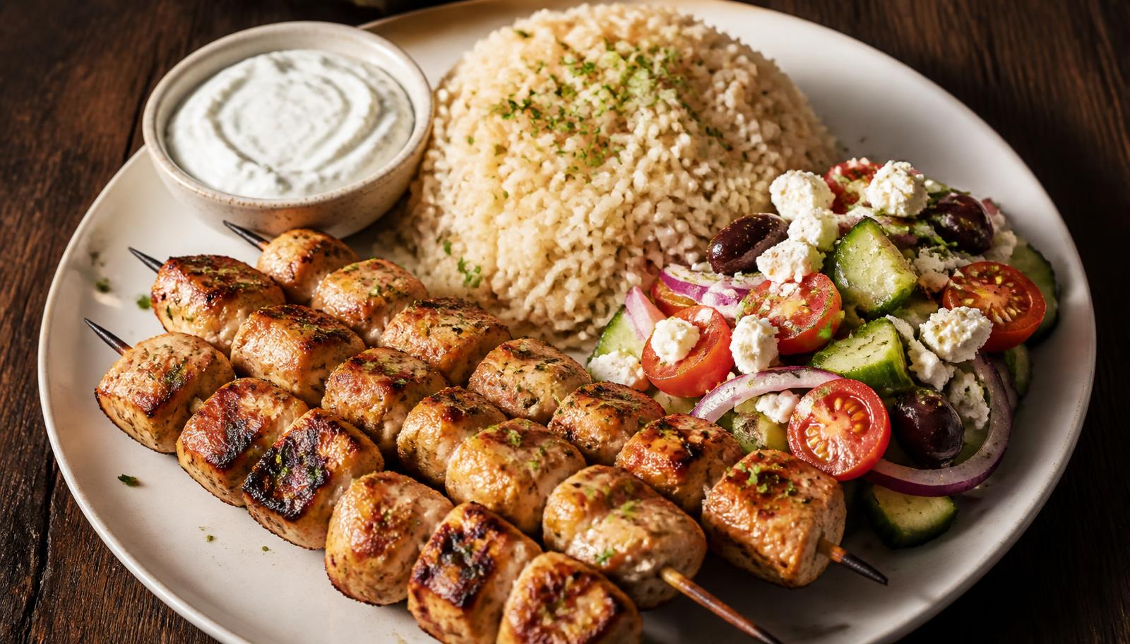 Assiette de souvlaki au poulet avec riz, salade grecque et tzatziki